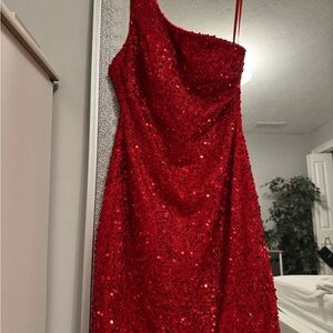 ADORA 1016 Elegant Red Sequin Mini Evening Dress